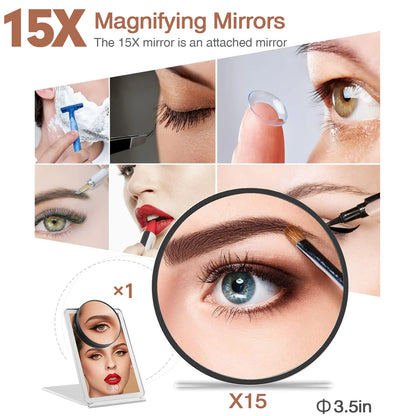 Portable LED Makeup Mirror – 60 Lights, 15X Magnification, Touch Screen, USB Rechargeable
