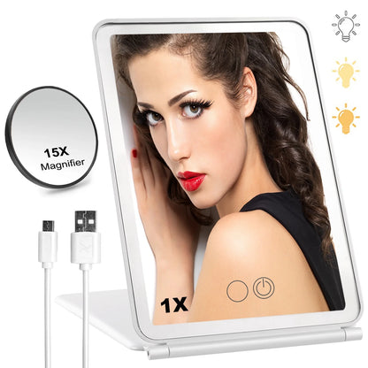 Portable LED Makeup Mirror – 60 Lights, 15X Magnification, Touch Screen, USB Rechargeable